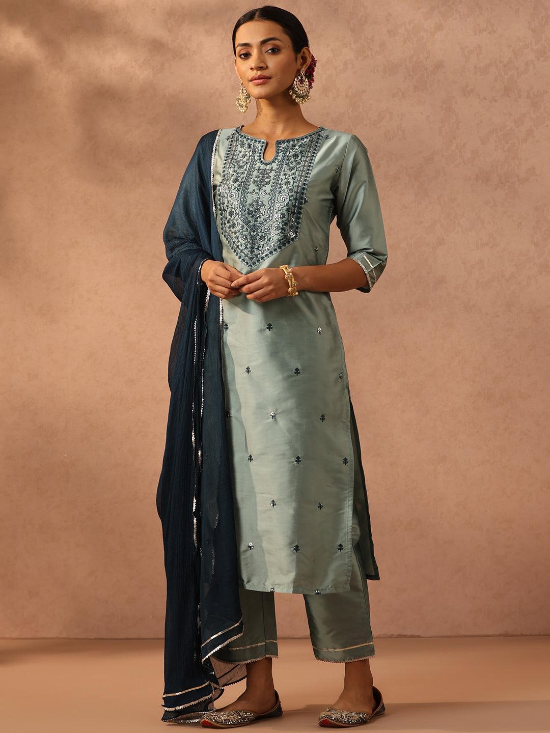 Green Yoke Design Silk Blend Suit Set With Trousers - ShopLibas