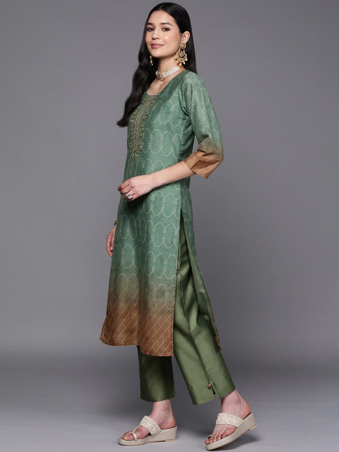 Green Yoke Design Silk Blend Suit Set With Trousers