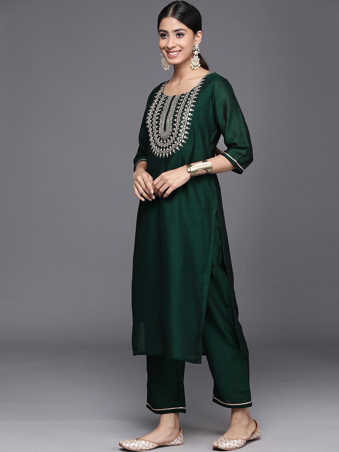 Green Yoke Design Silk Blend Straight Kurta With Trousers & Dupatta