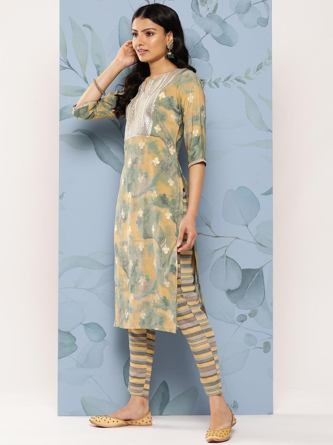 Green Yoke Design Silk Blend Straight Kurta With Trousers & Dupatta