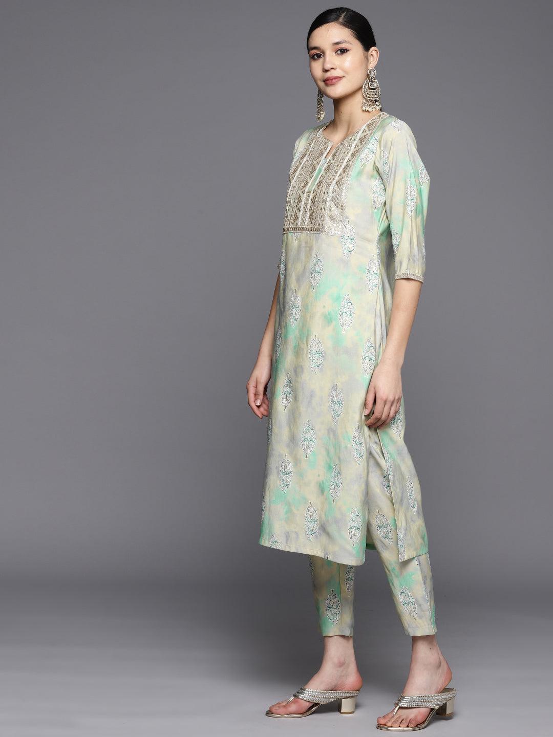 Green Yoke Design Silk Blend Straight Suit Set With Trousers