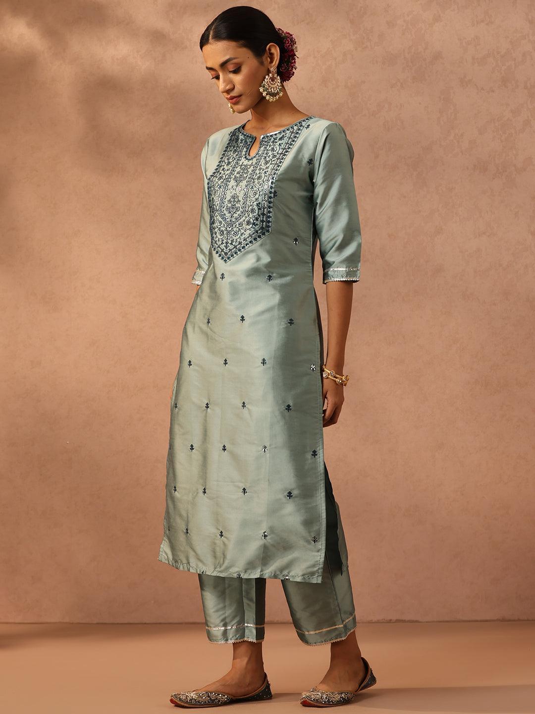 Green Yoke Design Silk Blend Suit Set With Trousers - ShopLibas