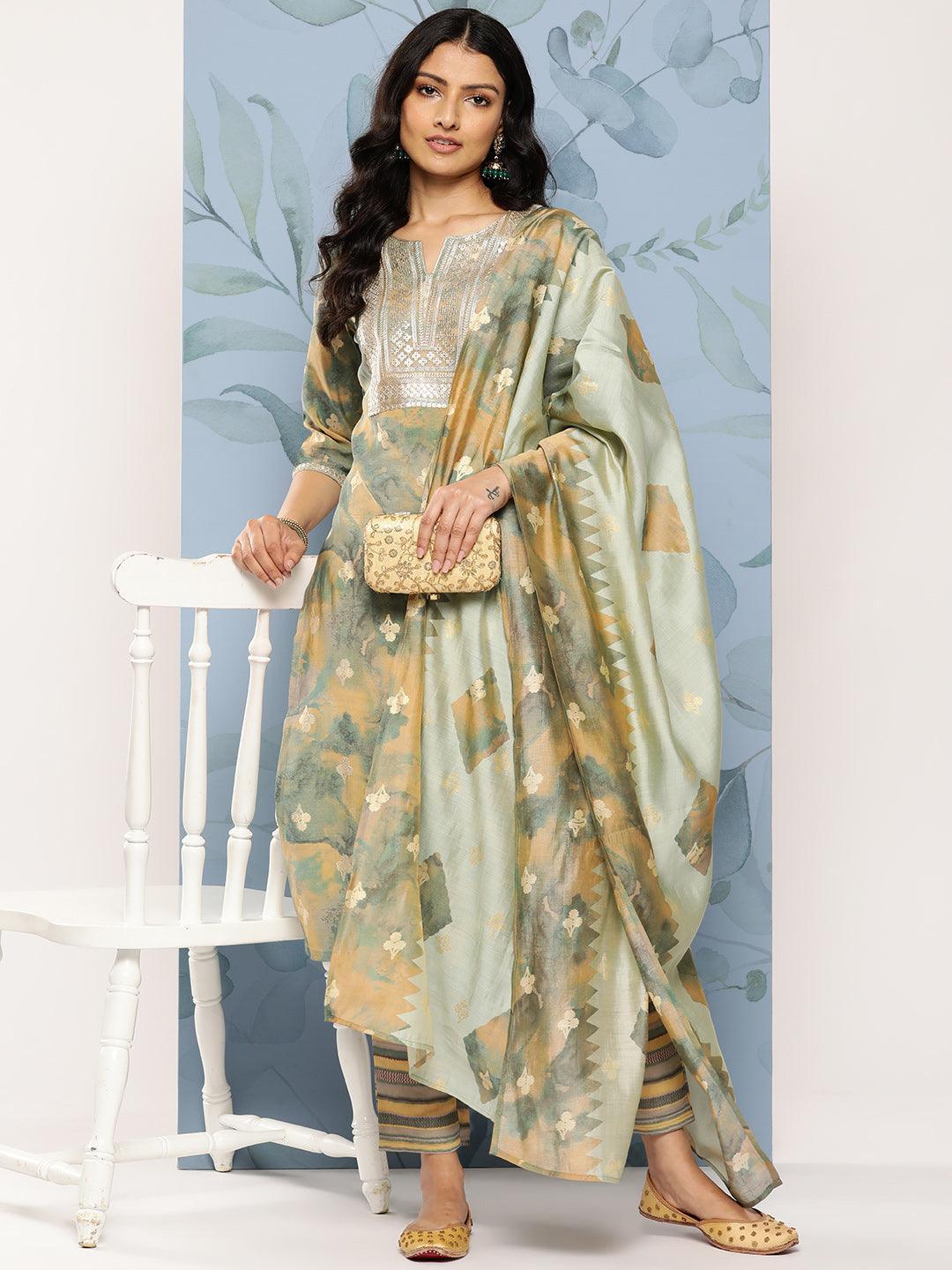 Green Yoke Design Silk Blend Straight Kurta With Trousers & Dupatta