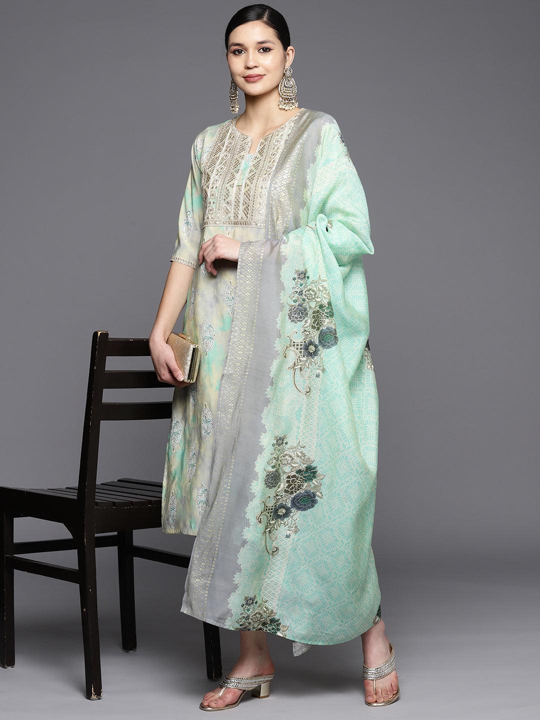 Green Yoke Design Silk Blend Straight Suit Set With Trousers