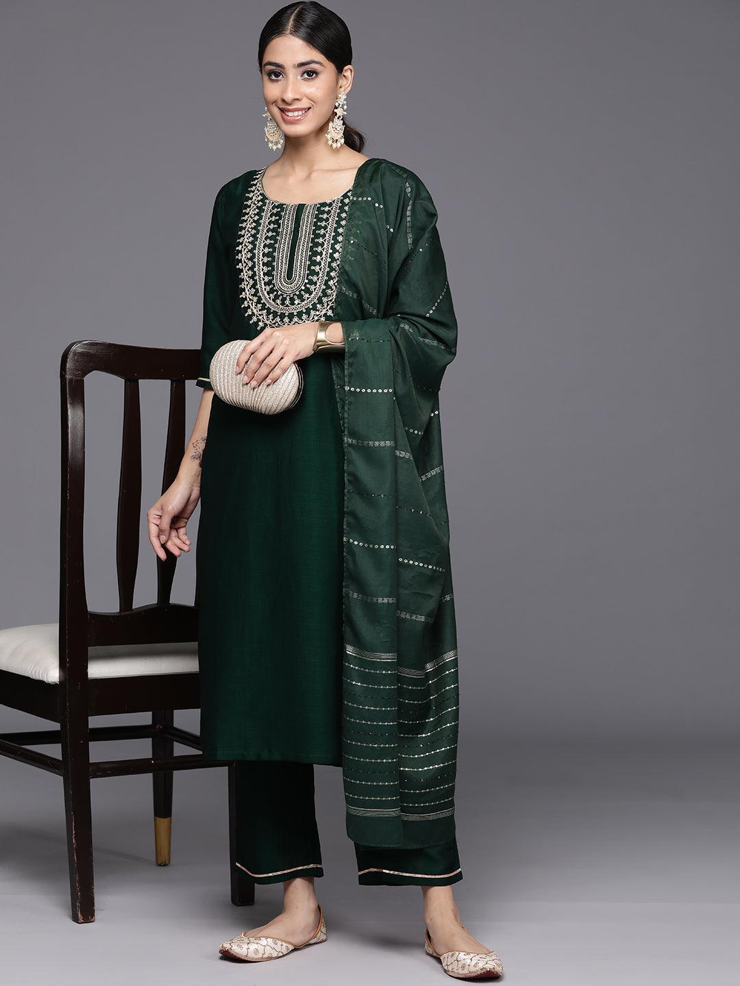 Green Yoke Design Silk Blend Straight Kurta With Trousers & Dupatta