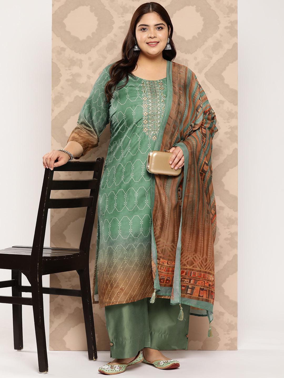 Green Yoke Design Silk Blend Straight Kurta With Trousers and Dupatta - Libas