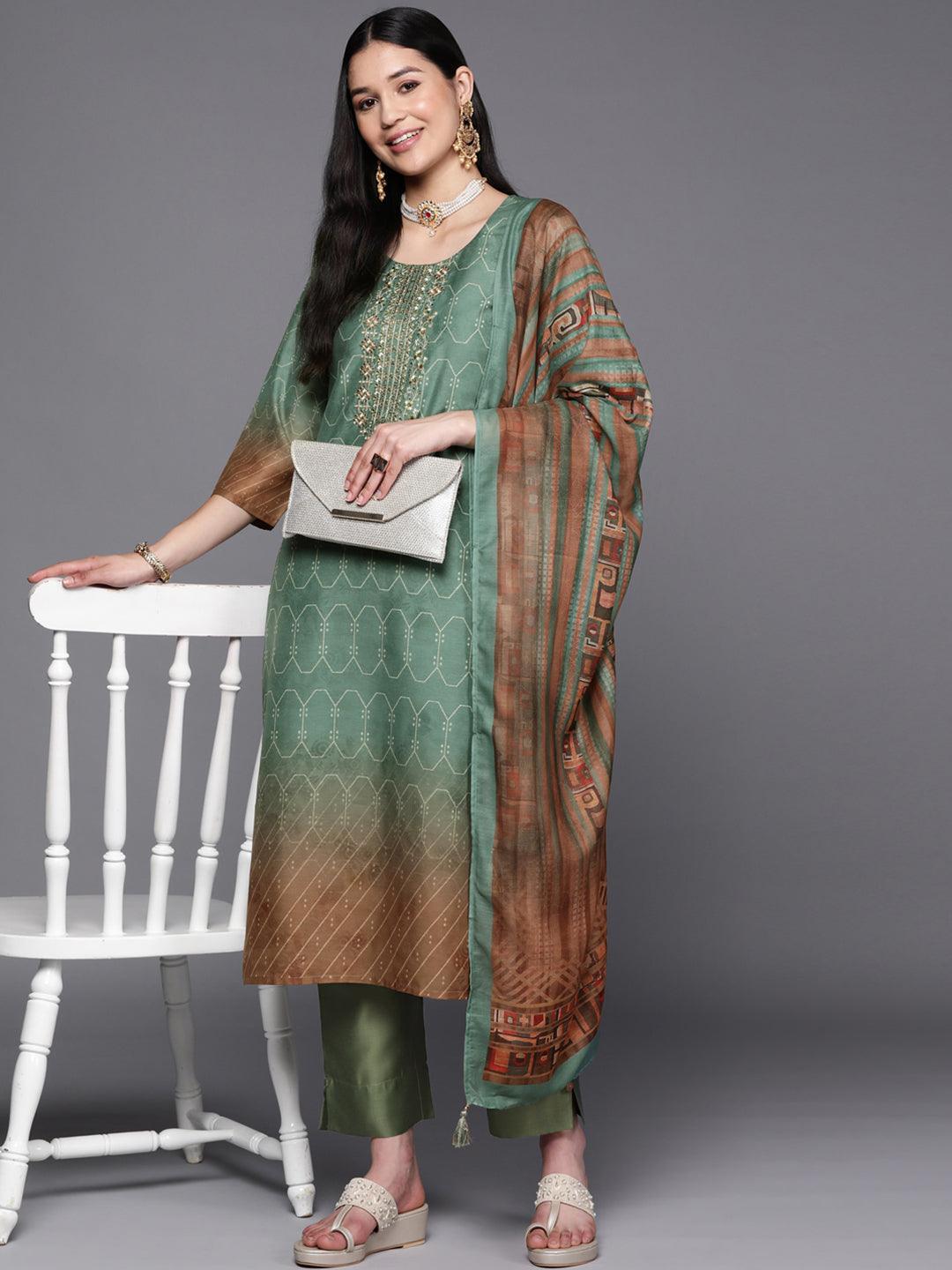 Green Yoke Design Silk Blend Suit Set With Trousers