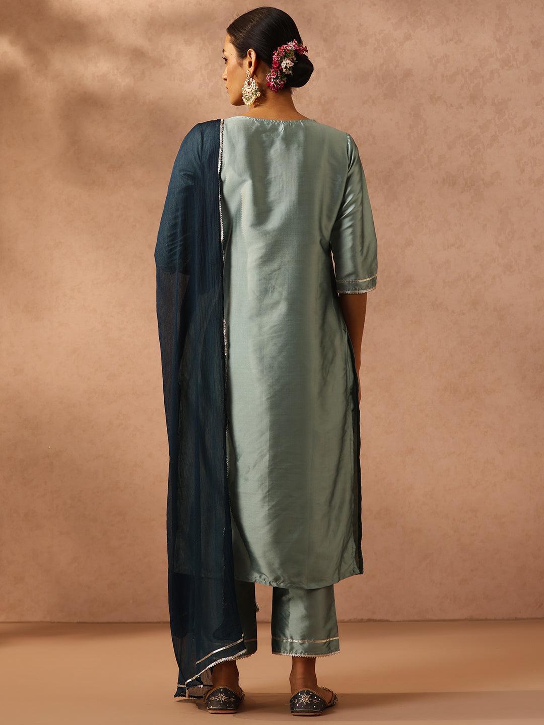 Green Yoke Design Silk Blend Suit Set With Trousers - ShopLibas