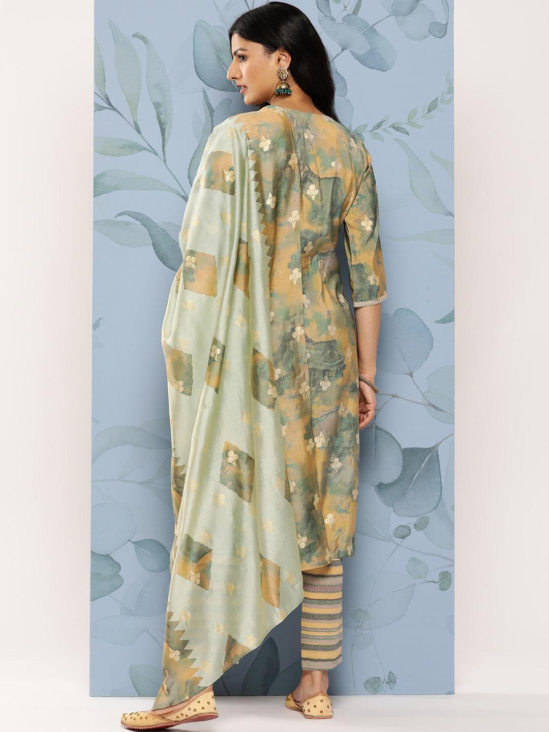 Green Yoke Design Silk Blend Straight Kurta With Trousers & Dupatta