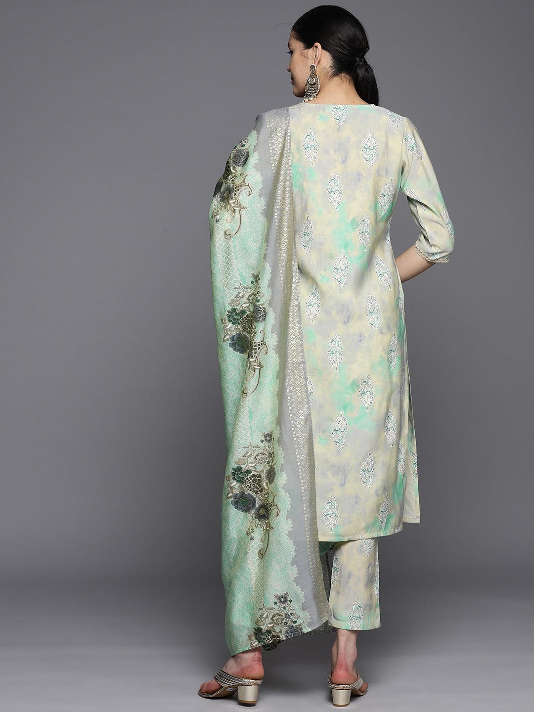 Green Yoke Design Silk Blend Straight Suit Set With Trousers