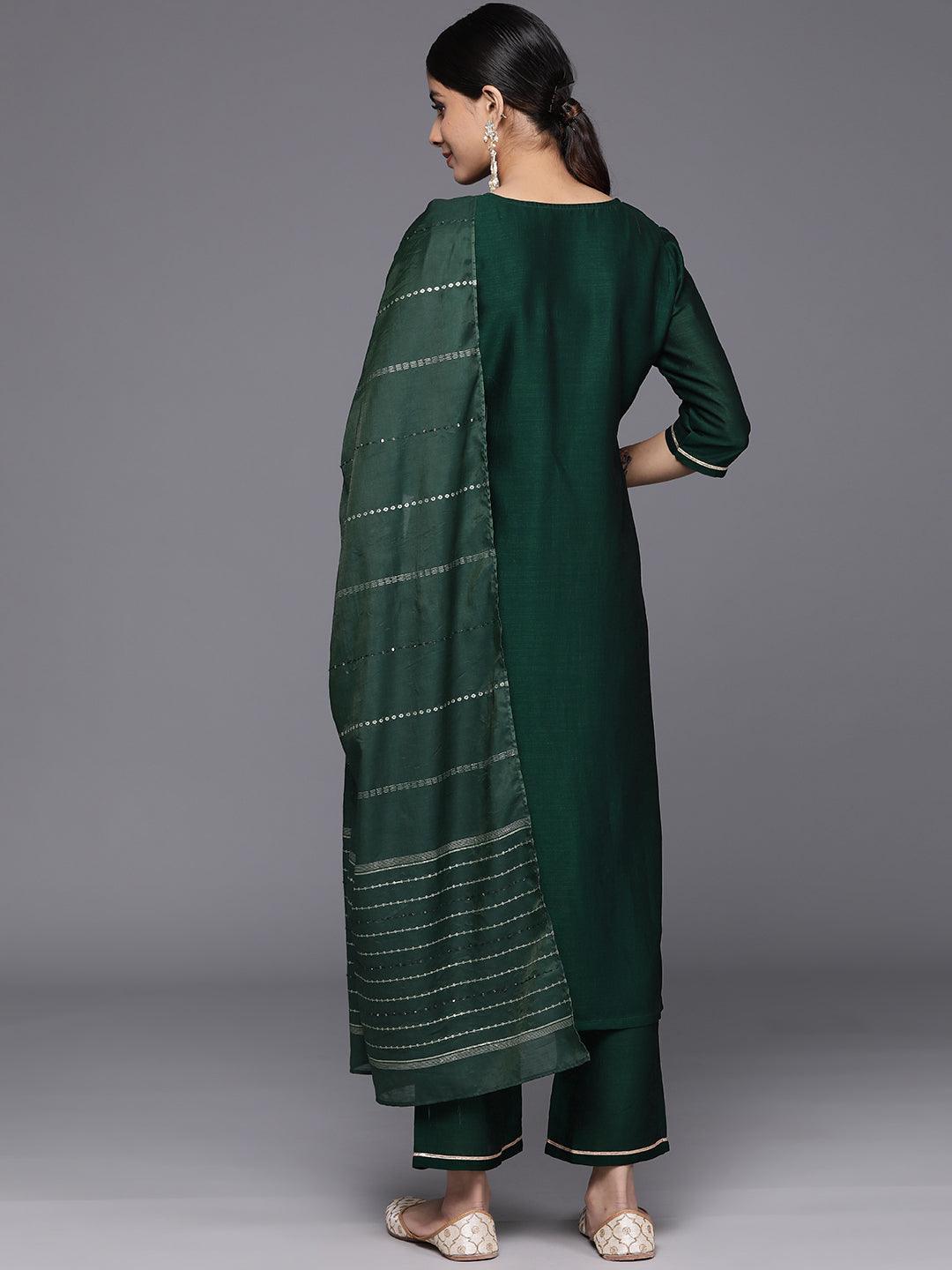 Green Yoke Design Silk Blend Straight Kurta With Trousers & Dupatta