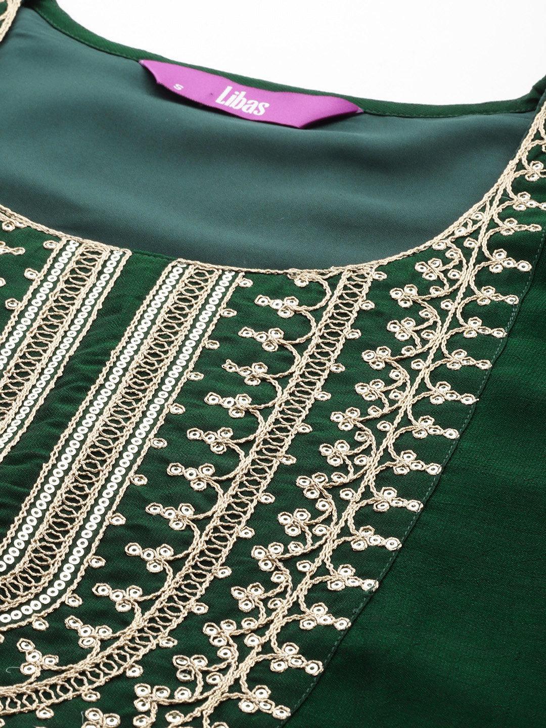 Green Yoke Design Silk Blend Straight Kurta With Trousers & Dupatta - Libas