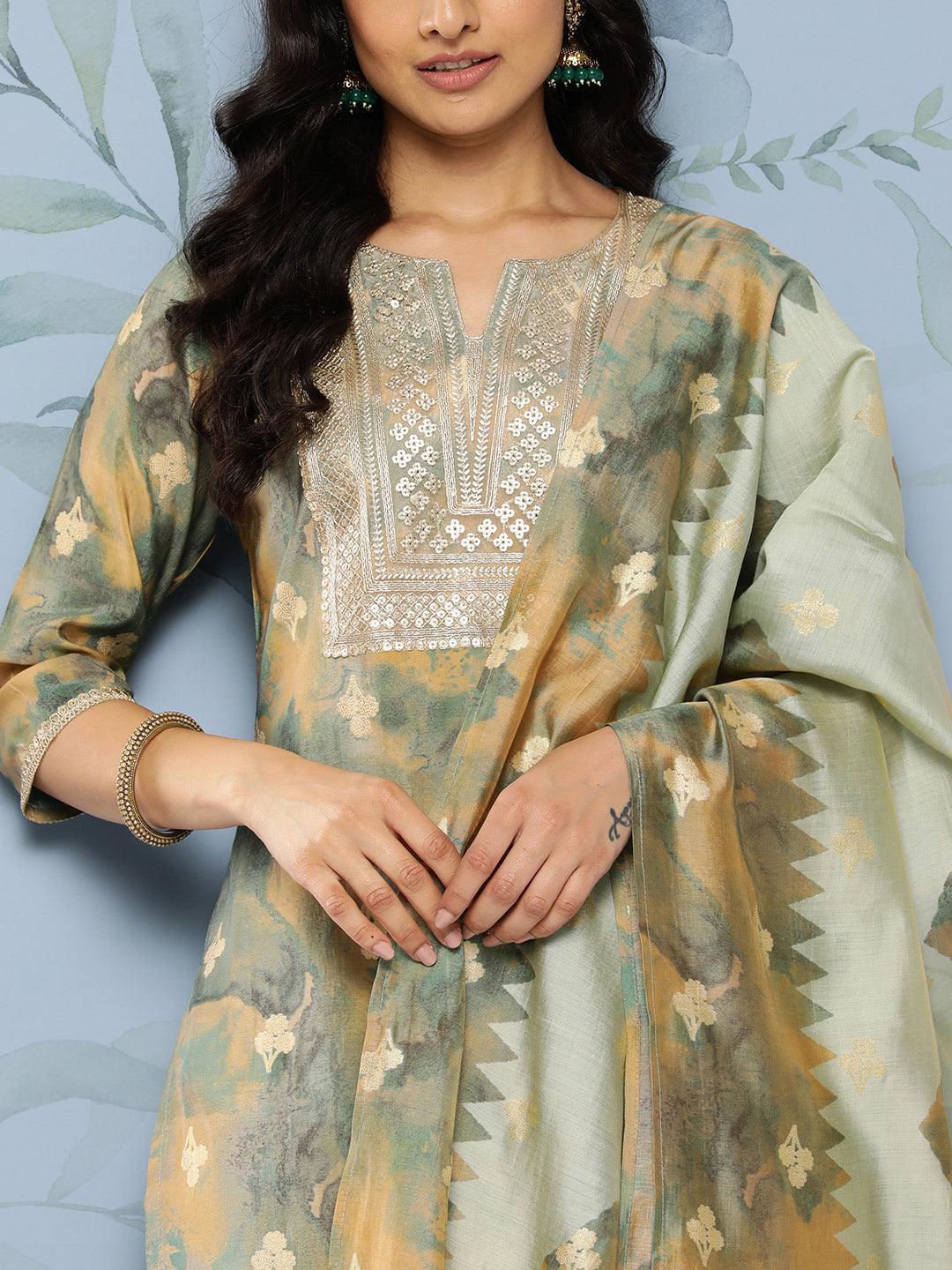 Green Yoke Design Silk Blend Straight Kurta With Trousers & Dupatta