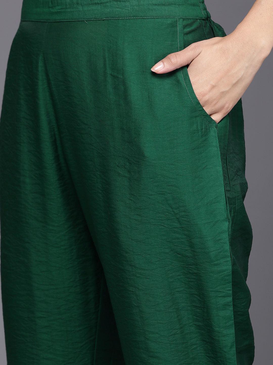 Green Yoke Design Silk Blend Straight Kurta With Trousers & Dupatta