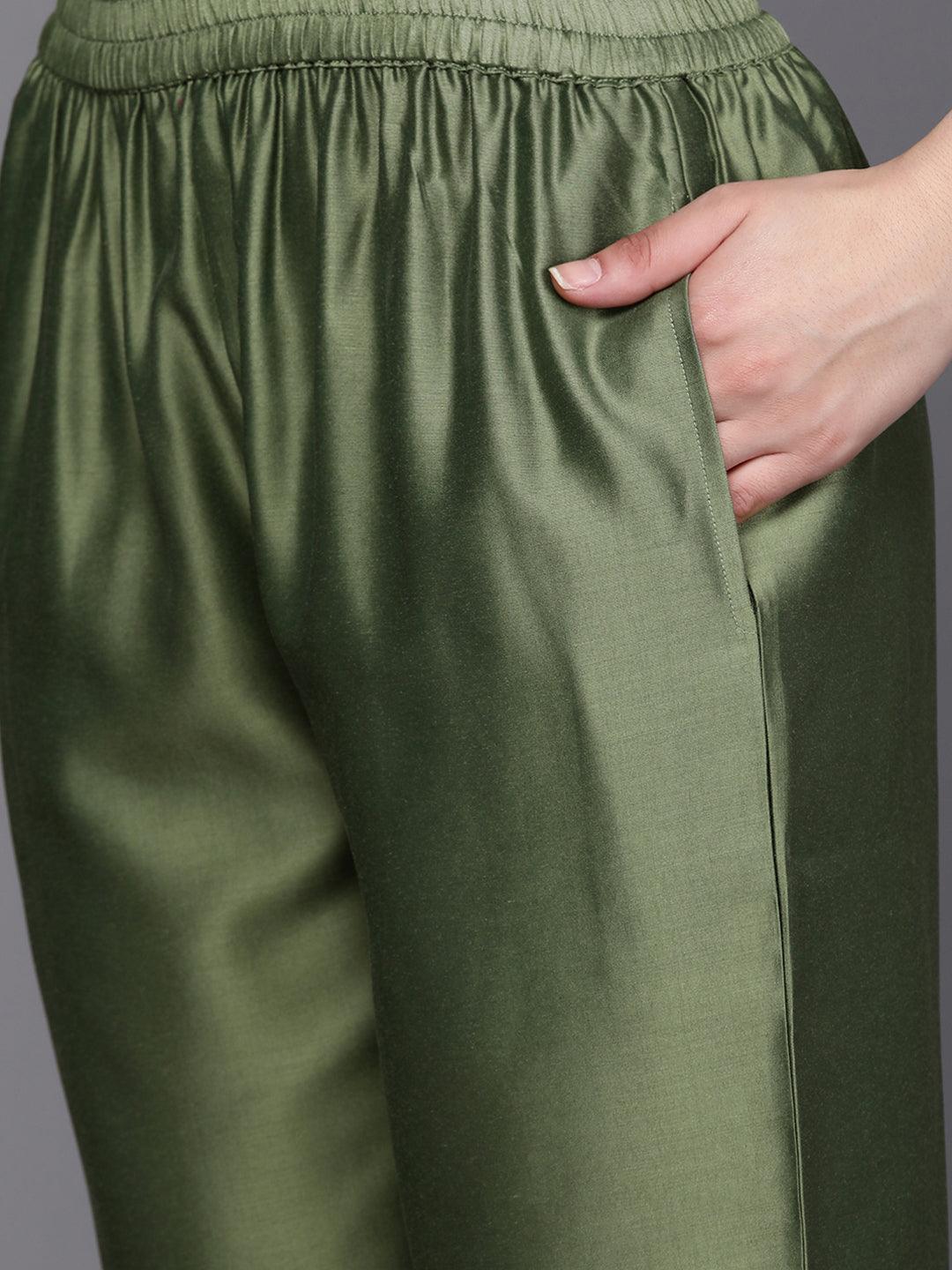 Green Yoke Design Silk Blend Suit Set With Trousers