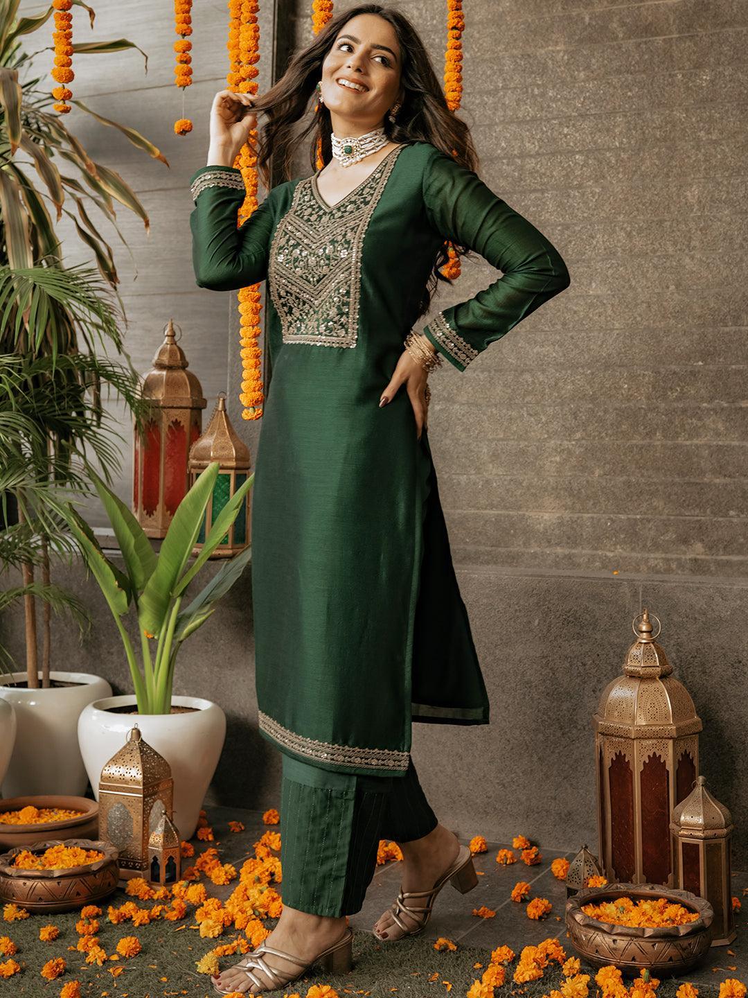 Green Yoke Design Silk Kurta - ShopLibas