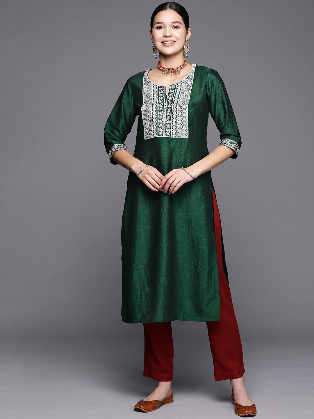 Green Yoke Design Silk Straight Kurta - ShopLibas