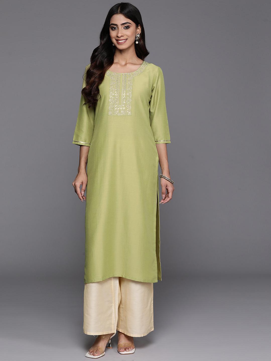 Green Yoke Design Silk Straight Kurta - Libas