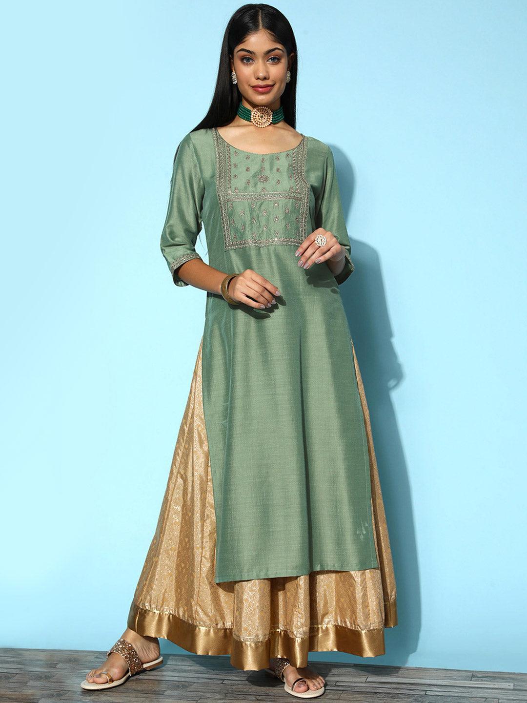 Green Yoke Design Silk Straight Kurta