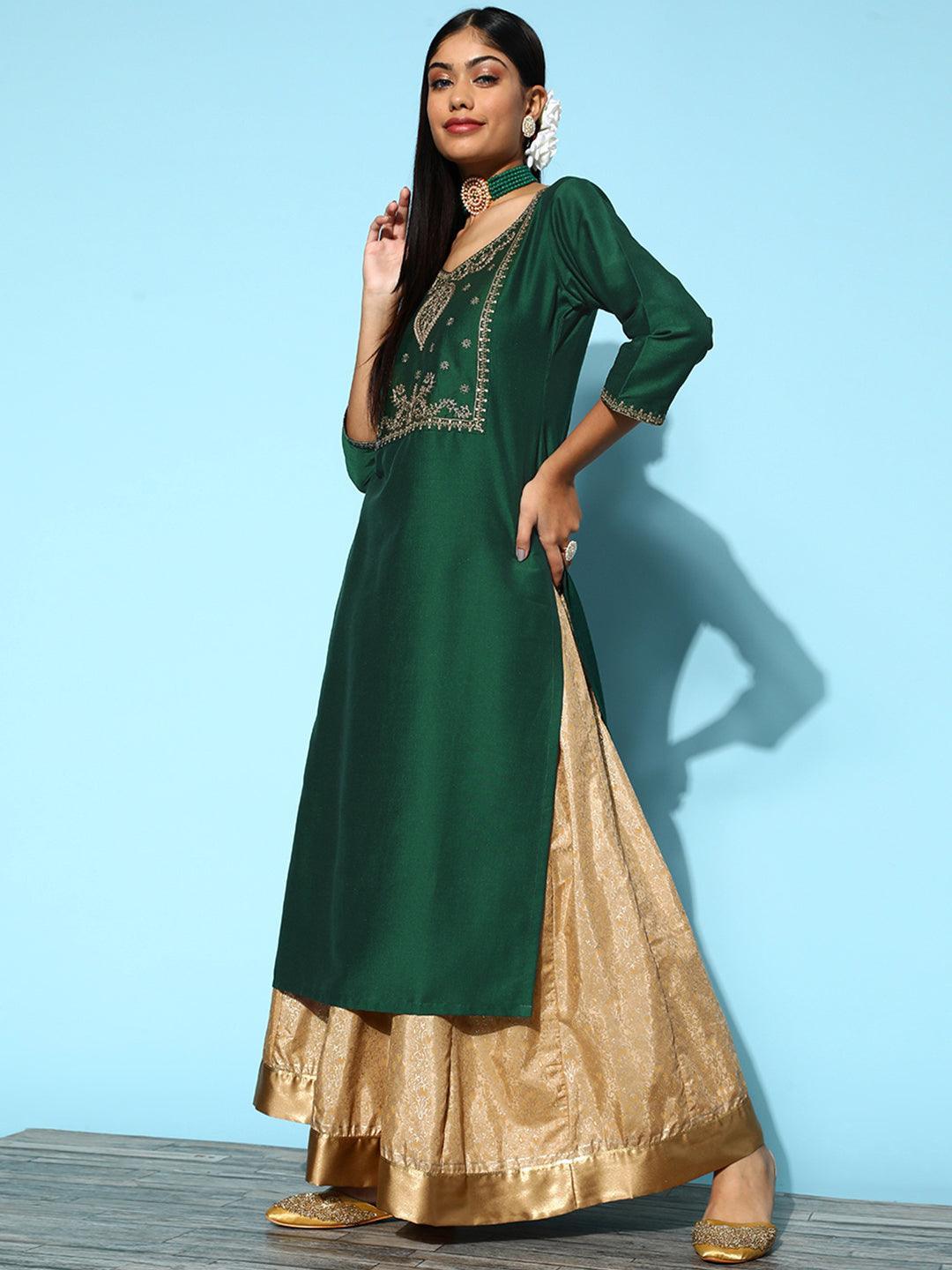 Green Yoke Design Silk Straight Kurta