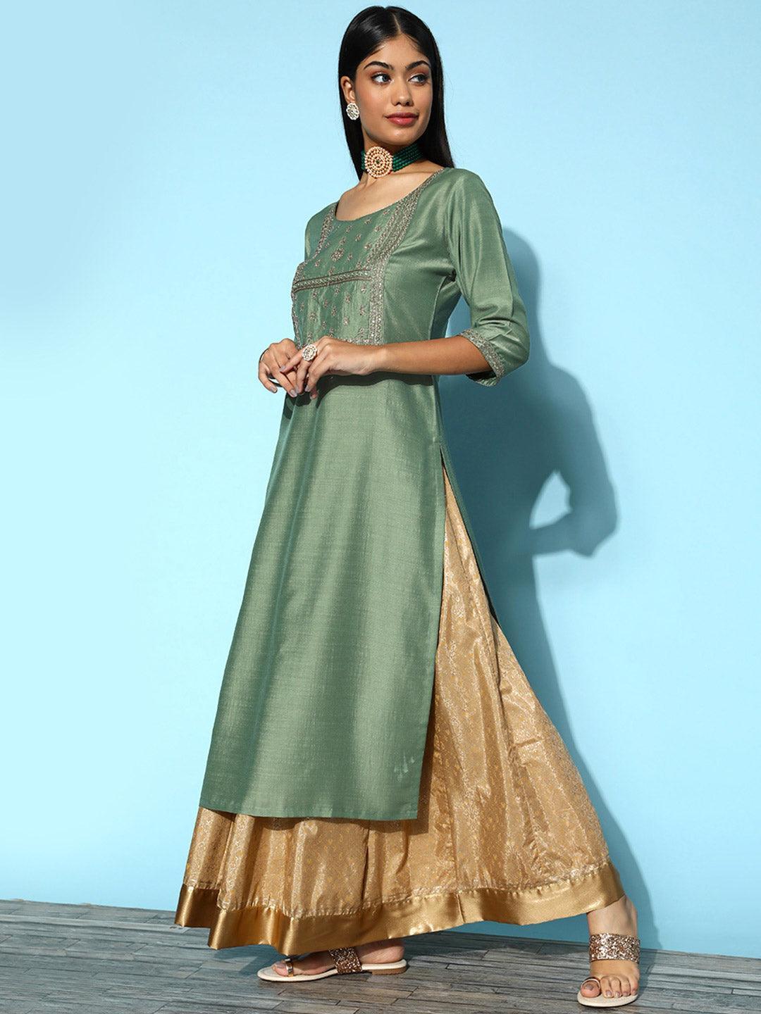 Green Yoke Design Silk Straight Kurta