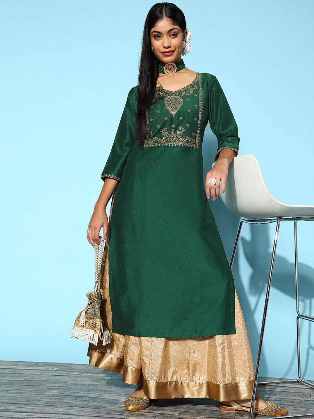 Green Yoke Design Silk Straight Kurta