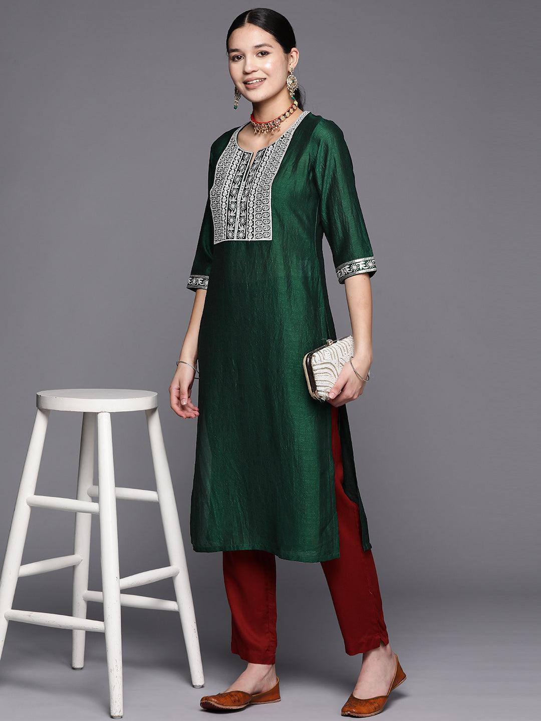 Green Yoke Design Silk Straight Kurta