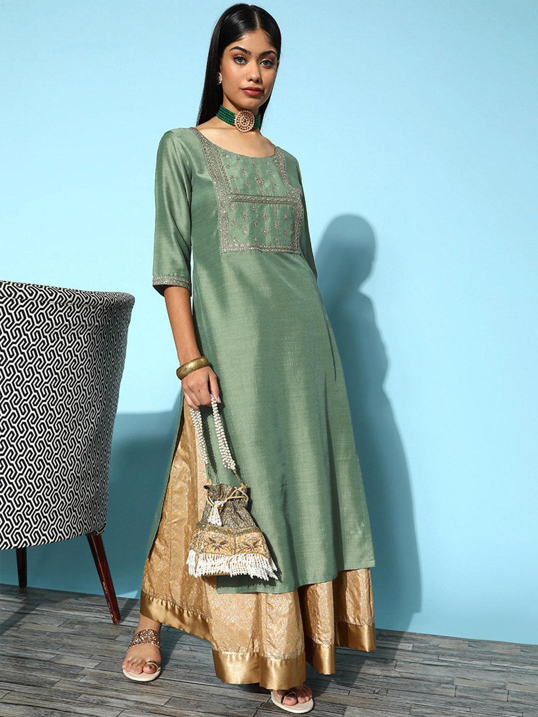 Green Yoke Design Silk Straight Kurta