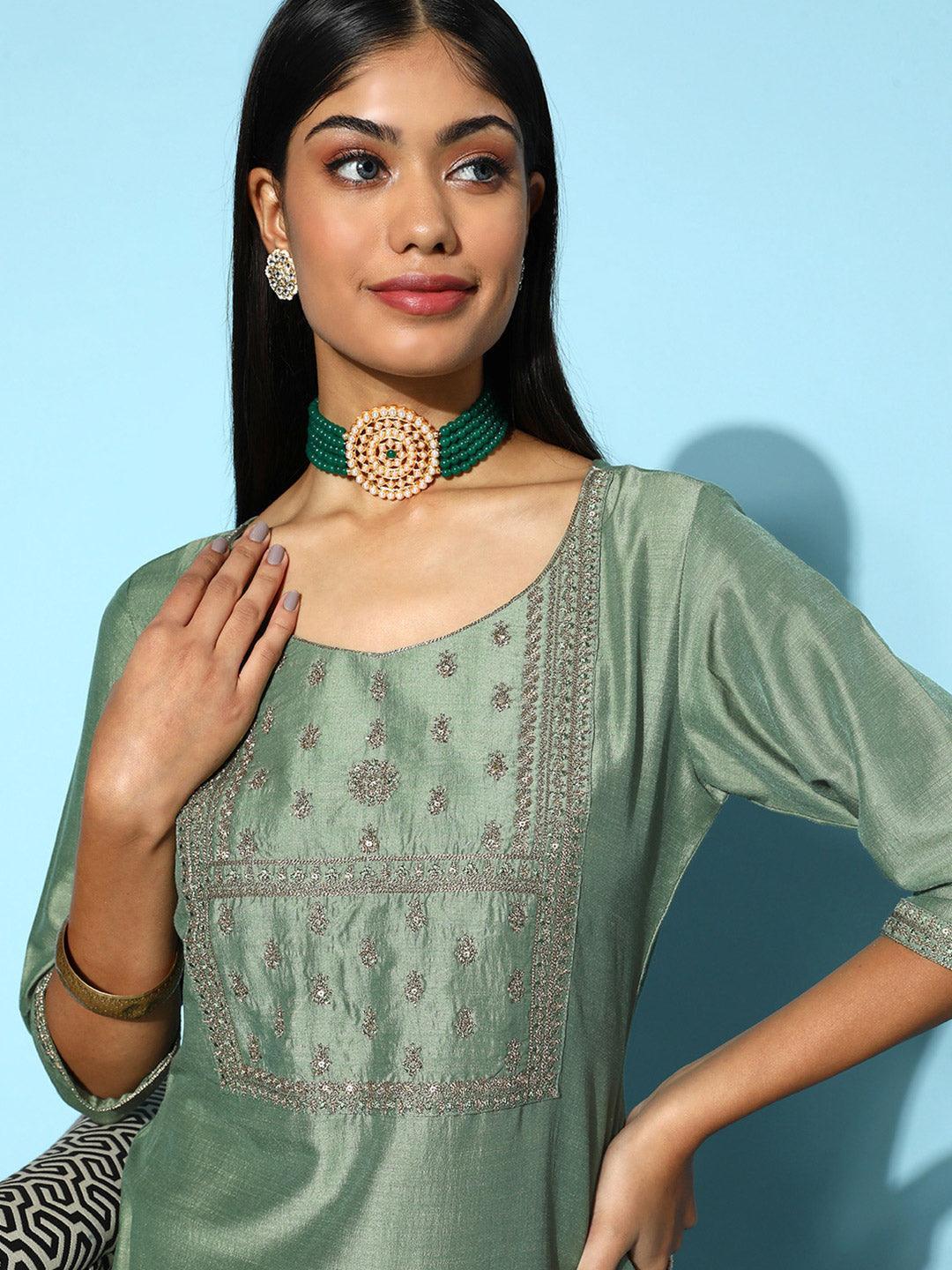 Green Yoke Design Silk Straight Kurta