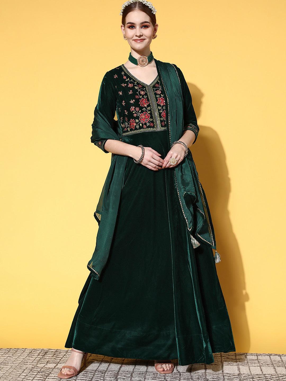 Green Yoke Design Velvet Anarkali Suit Set