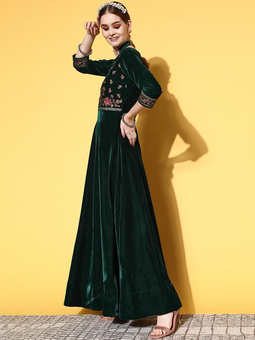 Green Yoke Design Velvet Anarkali Suit Set