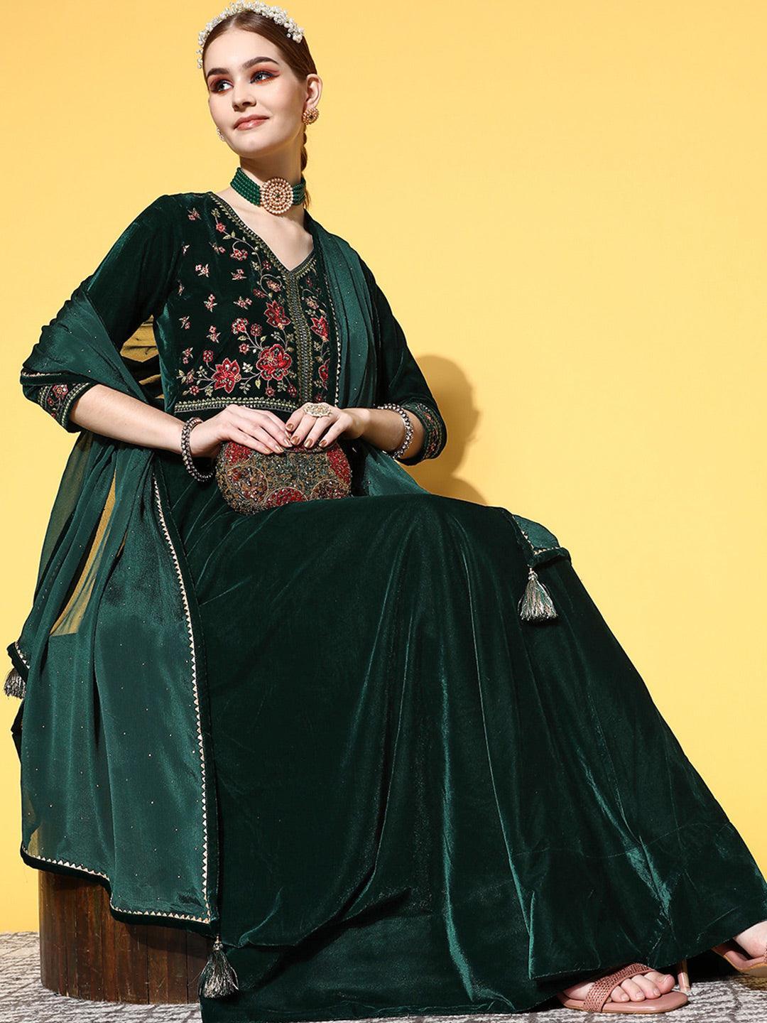 Green Yoke Design Velvet Anarkali Suit Set