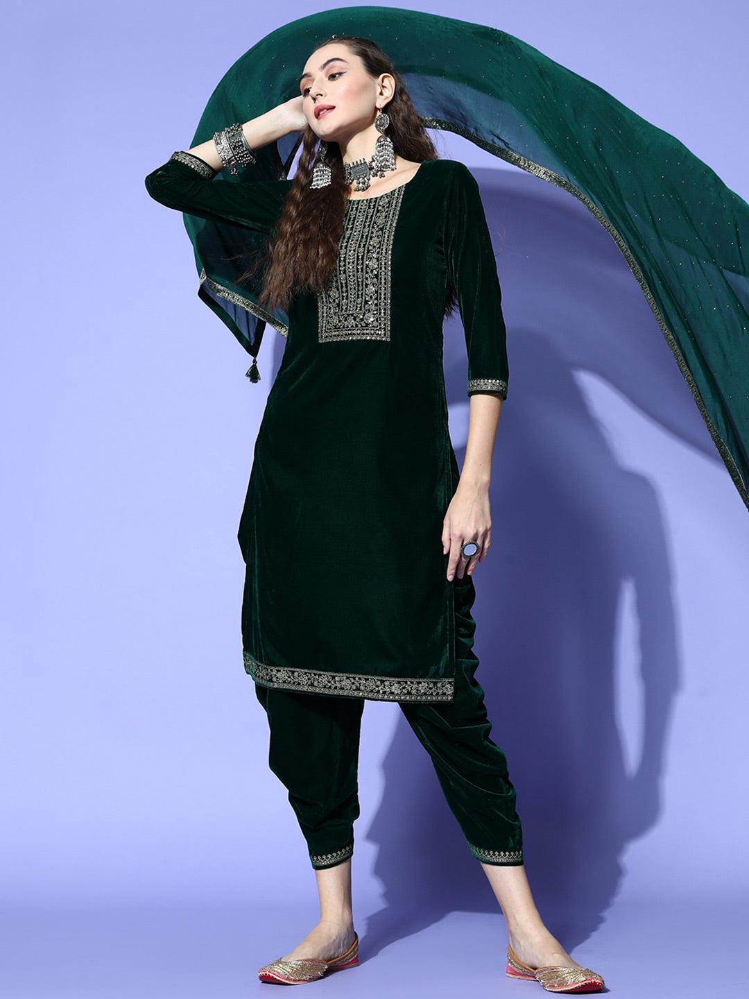 Green Yoke Design Velvet Straight Suit Set