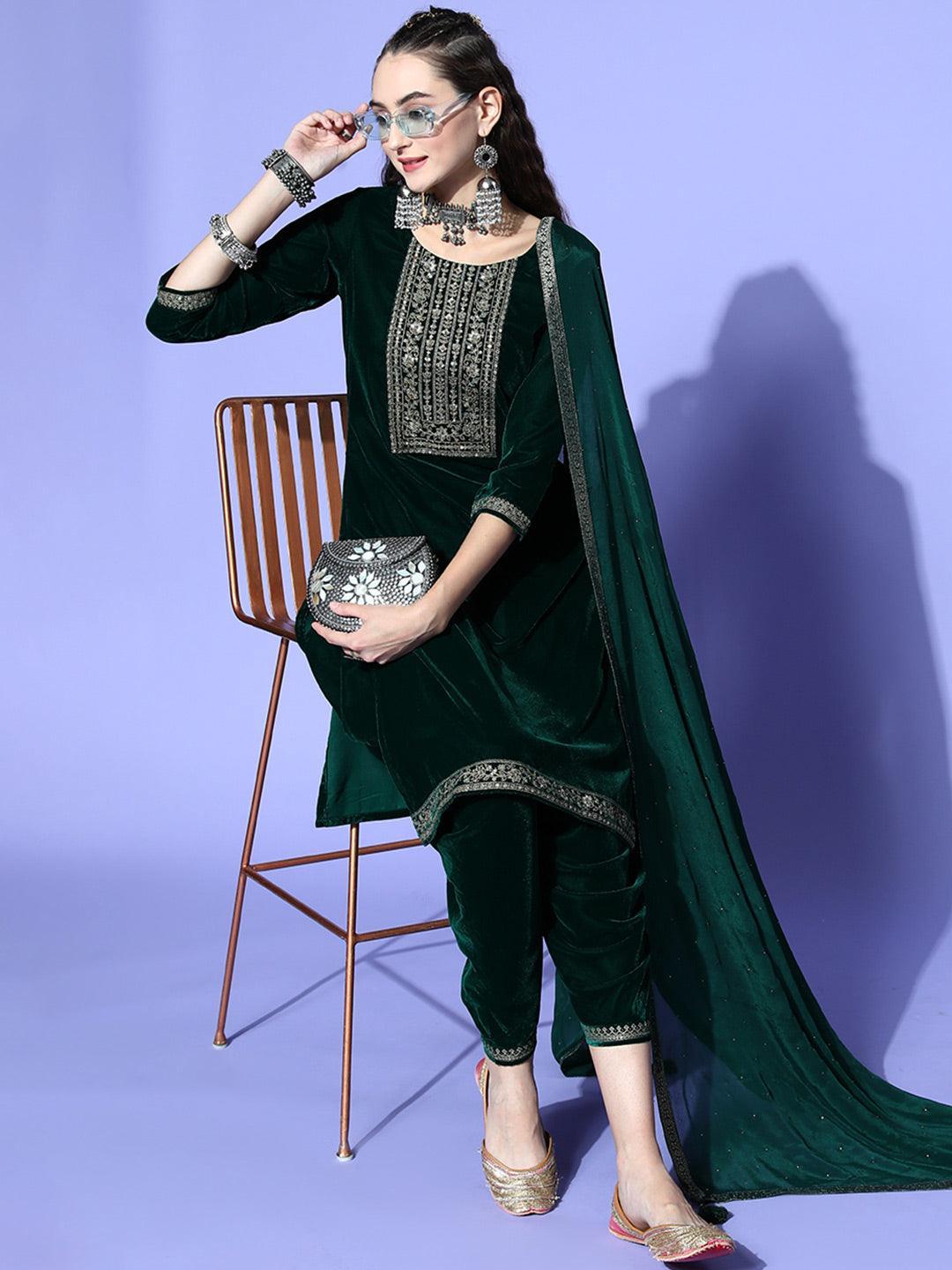 Green Yoke Design Velvet Straight Suit Set