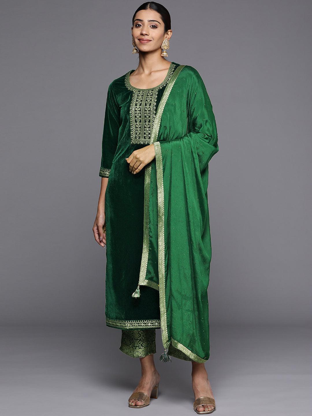 Green Yoke Design Velvet Straight Suit Set