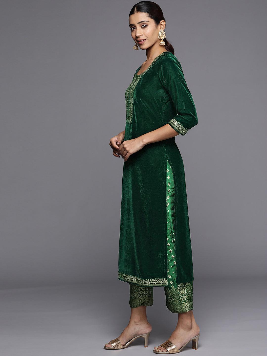 Green Yoke Design Velvet Straight Suit Set