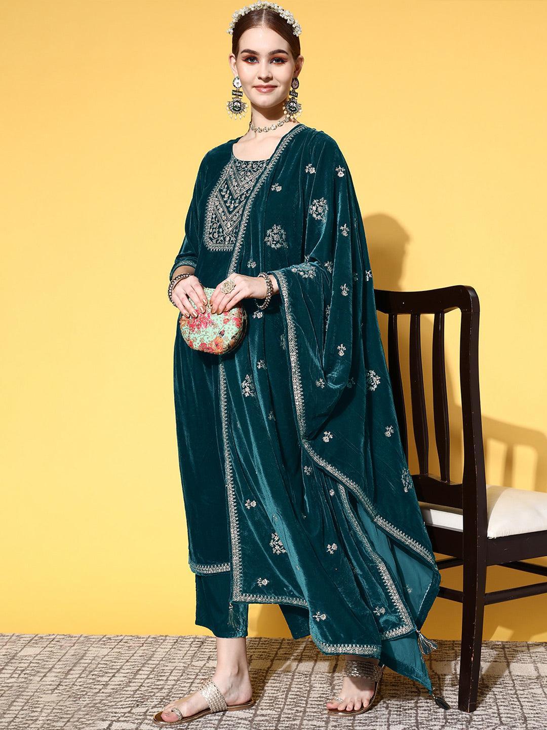 Green Yoke Design Velvet Straight Suit Set