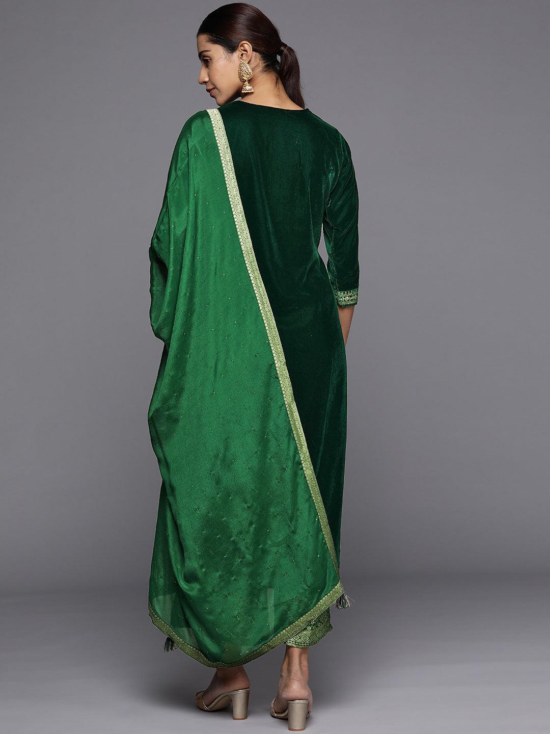 Green Yoke Design Velvet Straight Suit Set