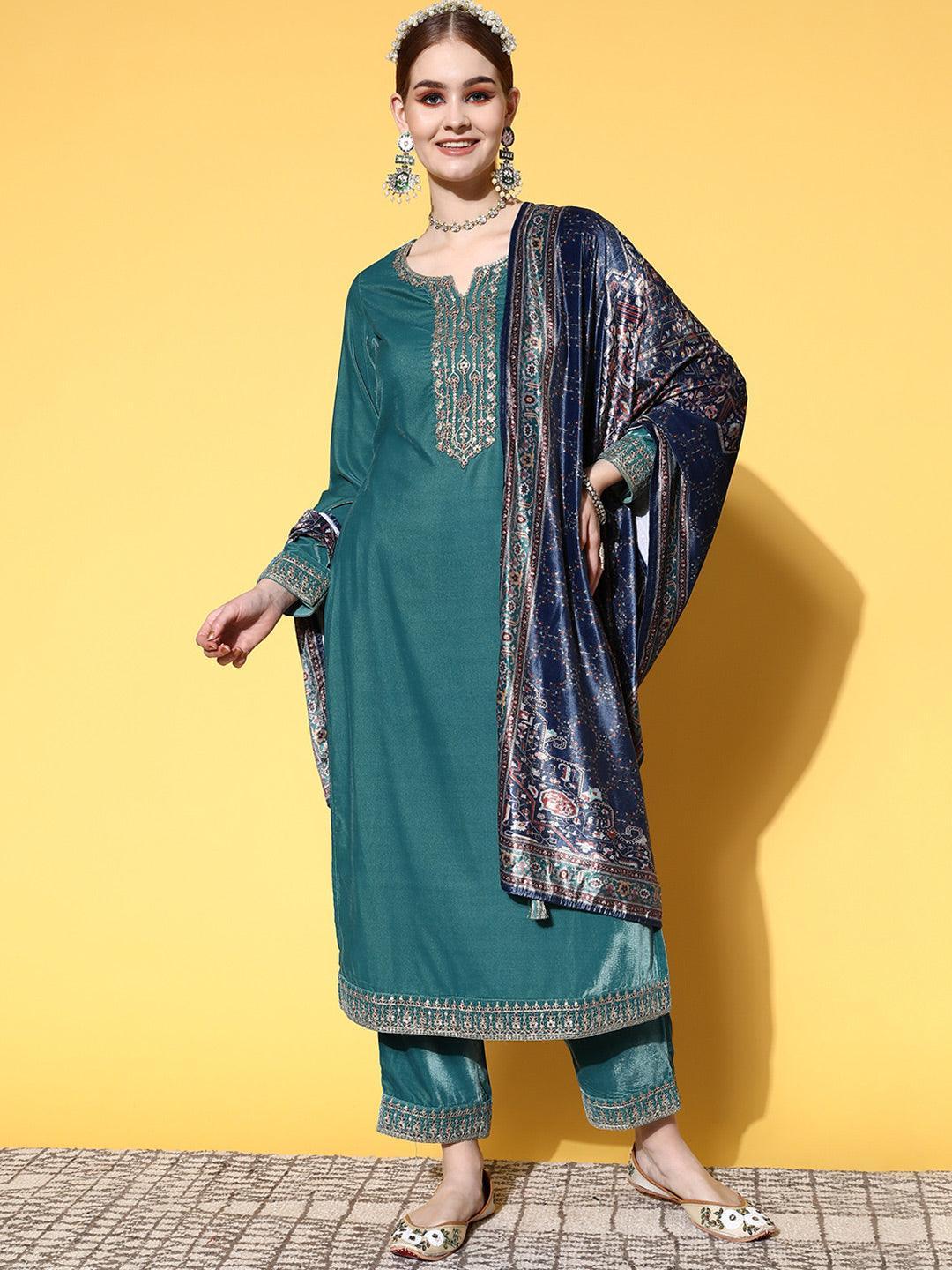 Green Yoke Design Velvet Straight Suit Set