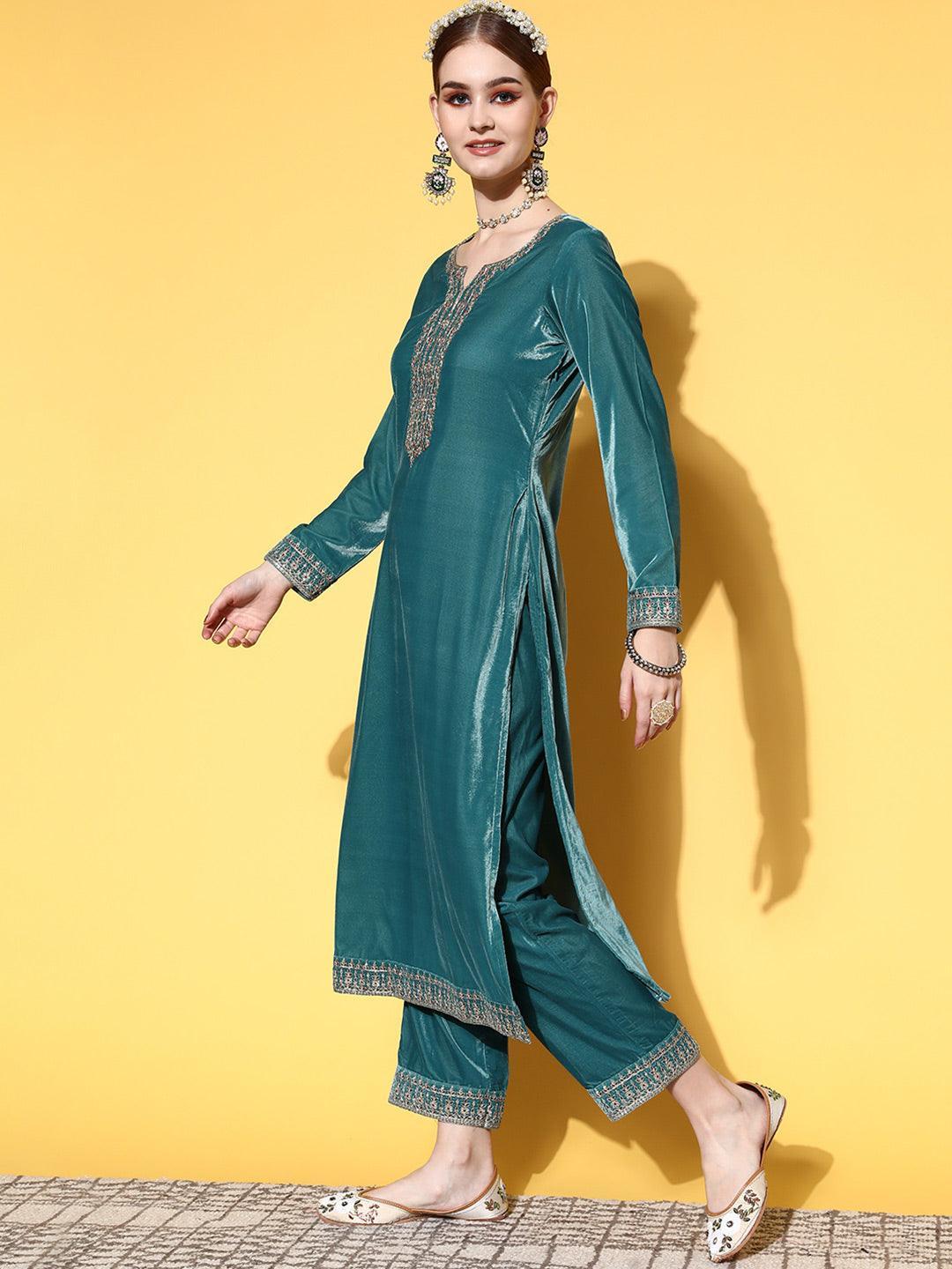 Green Yoke Design Velvet Straight Suit Set