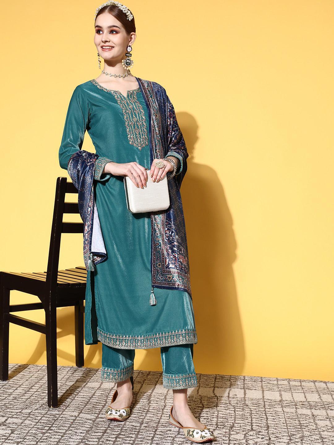 Green Yoke Design Velvet Straight Suit Set