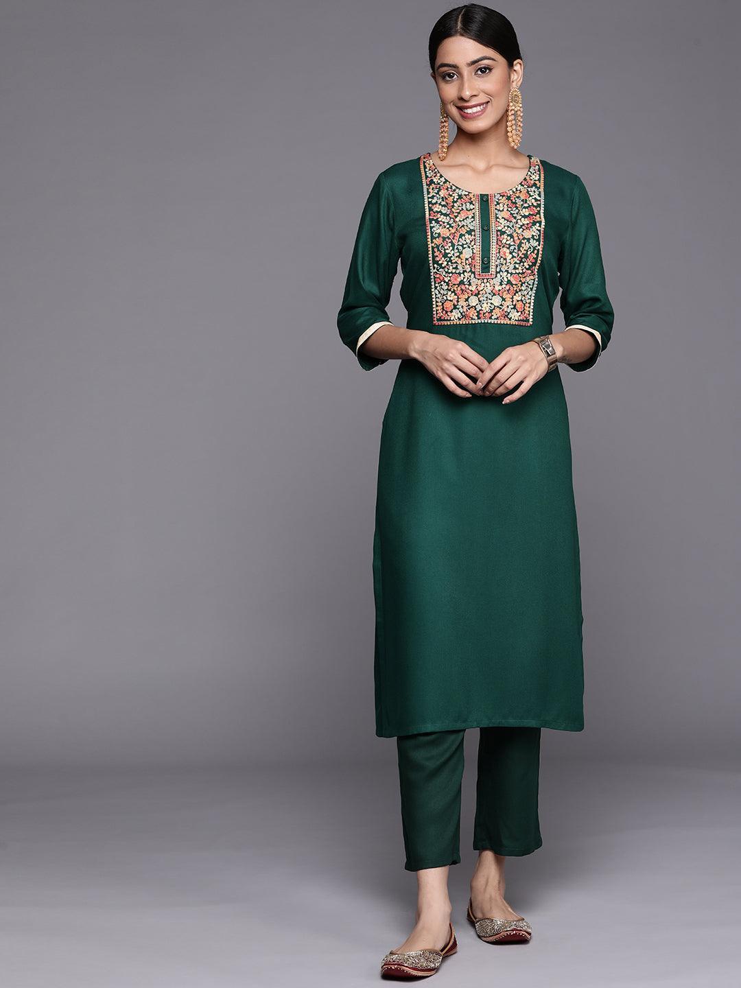 Green Yoke Design Wool Straight Kurta