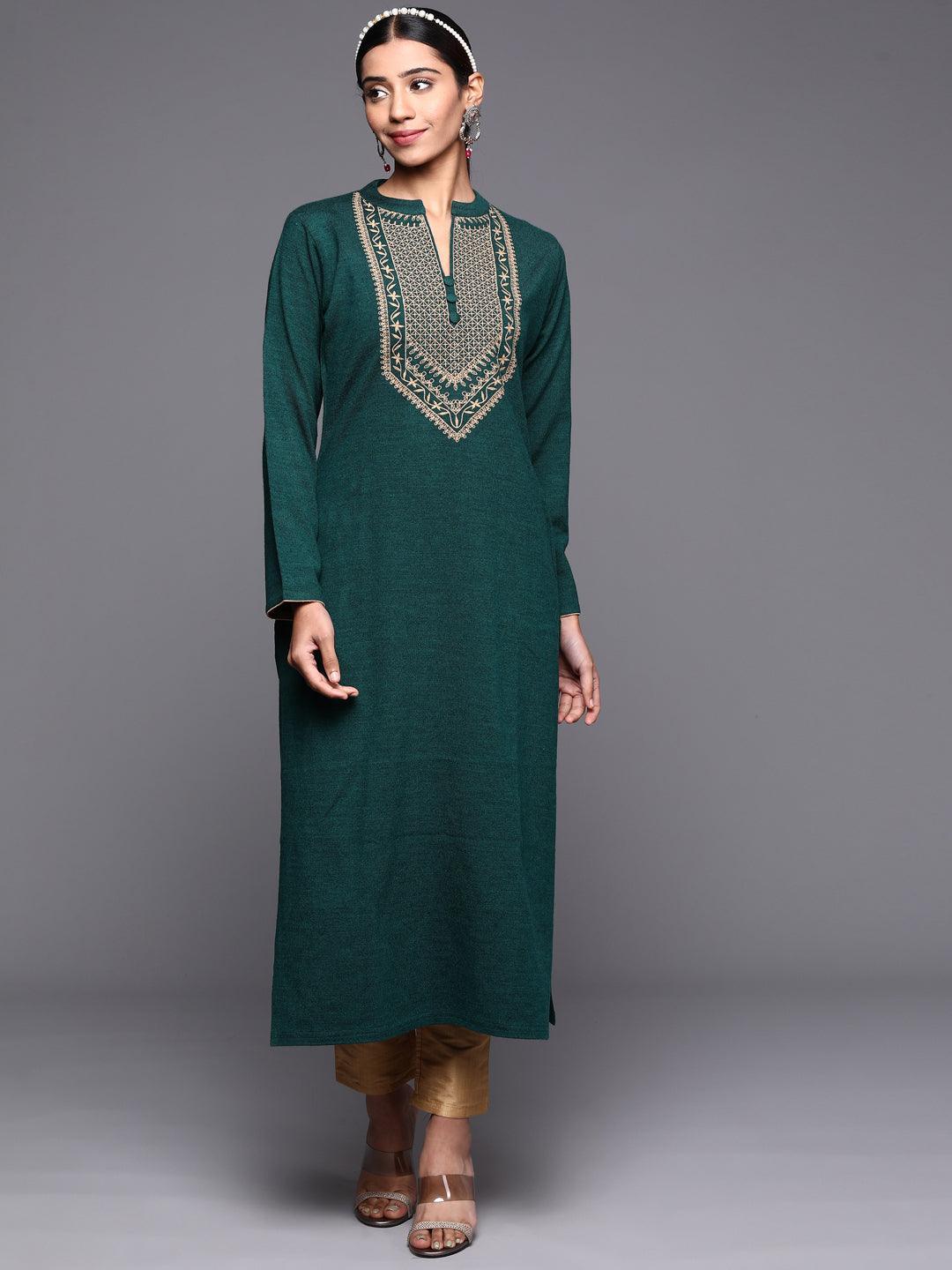 Green Yoke Design Wool Straight Kurta