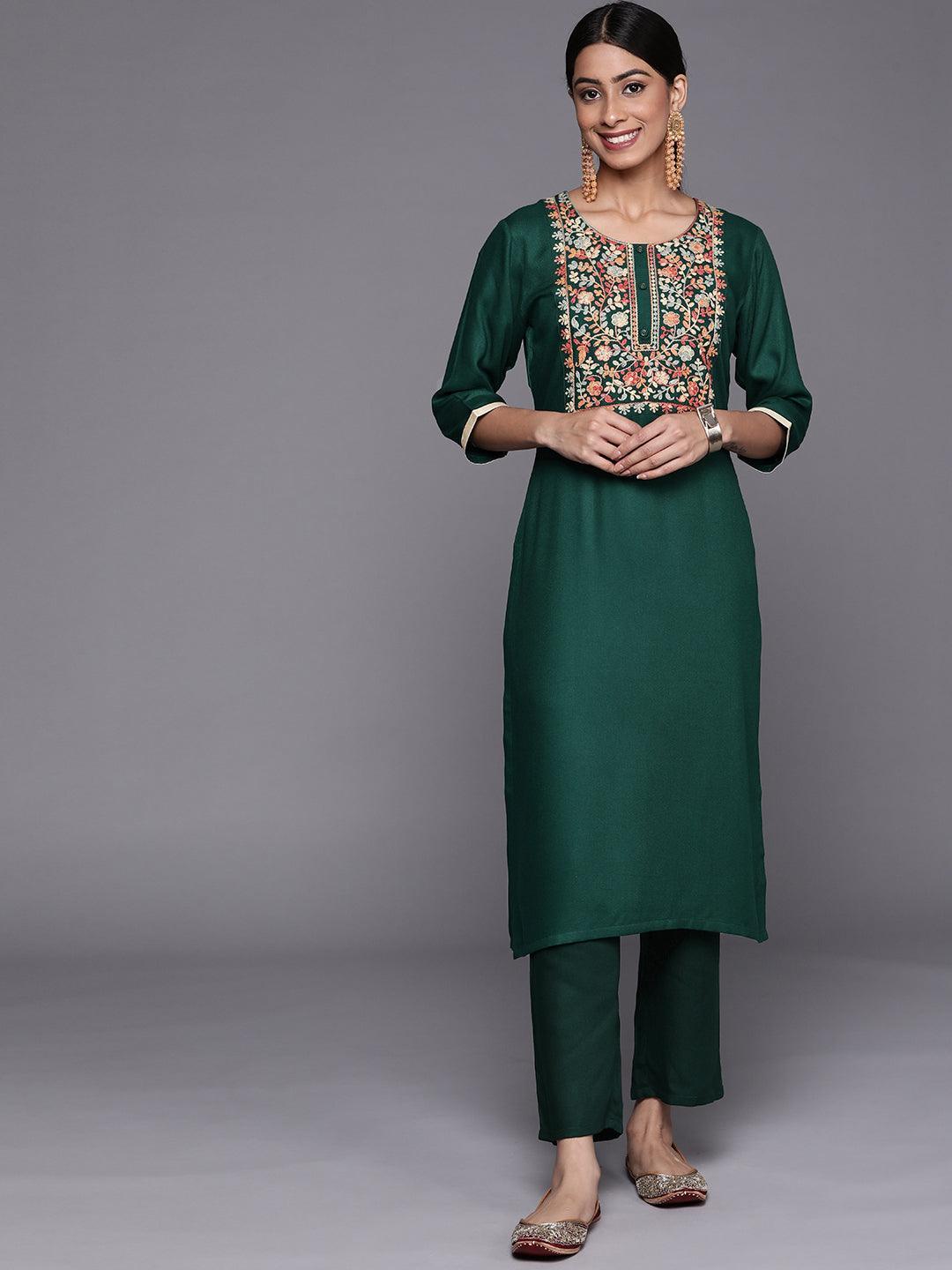 Green Yoke Design Wool Straight Kurta