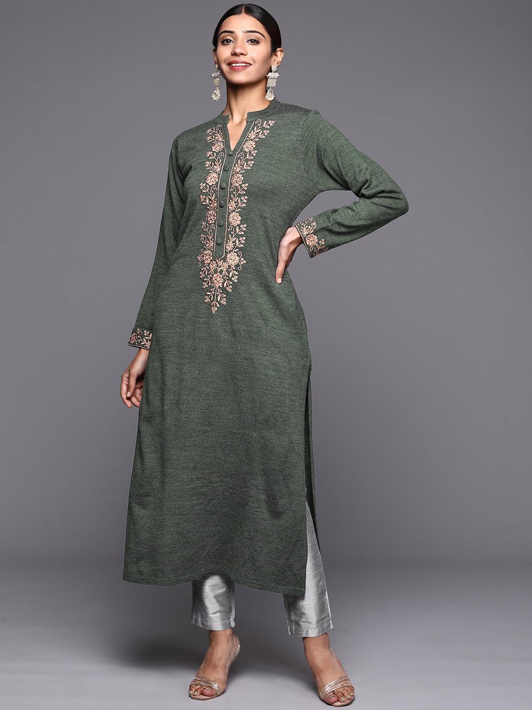 Green Yoke Design Wool Straight Kurta