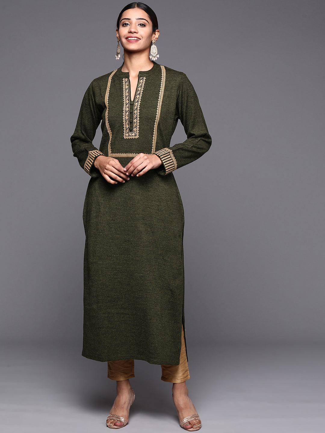 Green Yoke Design Wool Straight Kurta