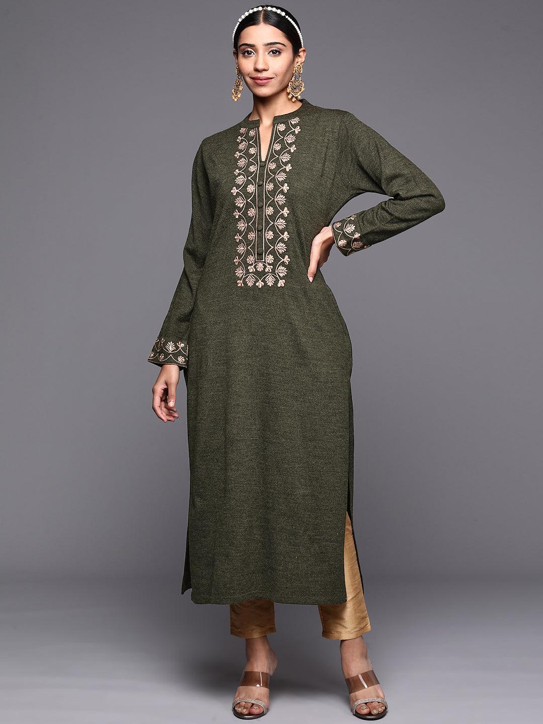 Green Yoke Design Wool Straight Kurta