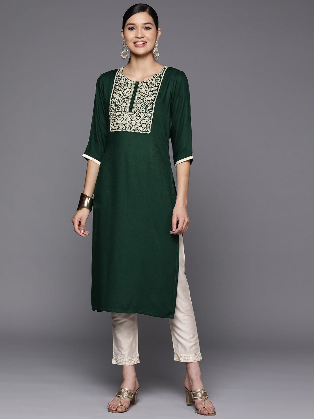 Green Yoke Design Wool Straight Kurta