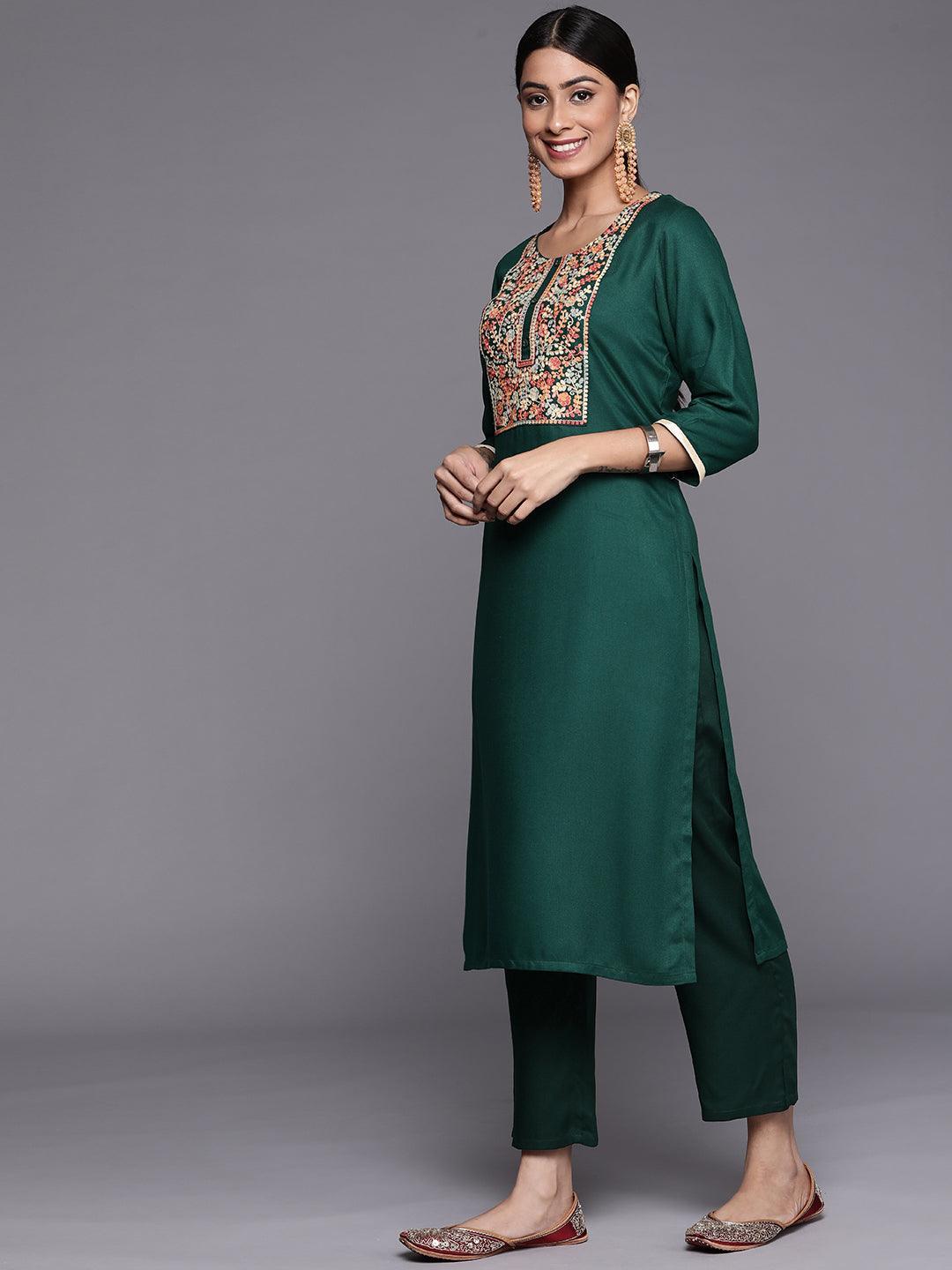 Green Yoke Design Wool Straight Kurta - ShopLibas