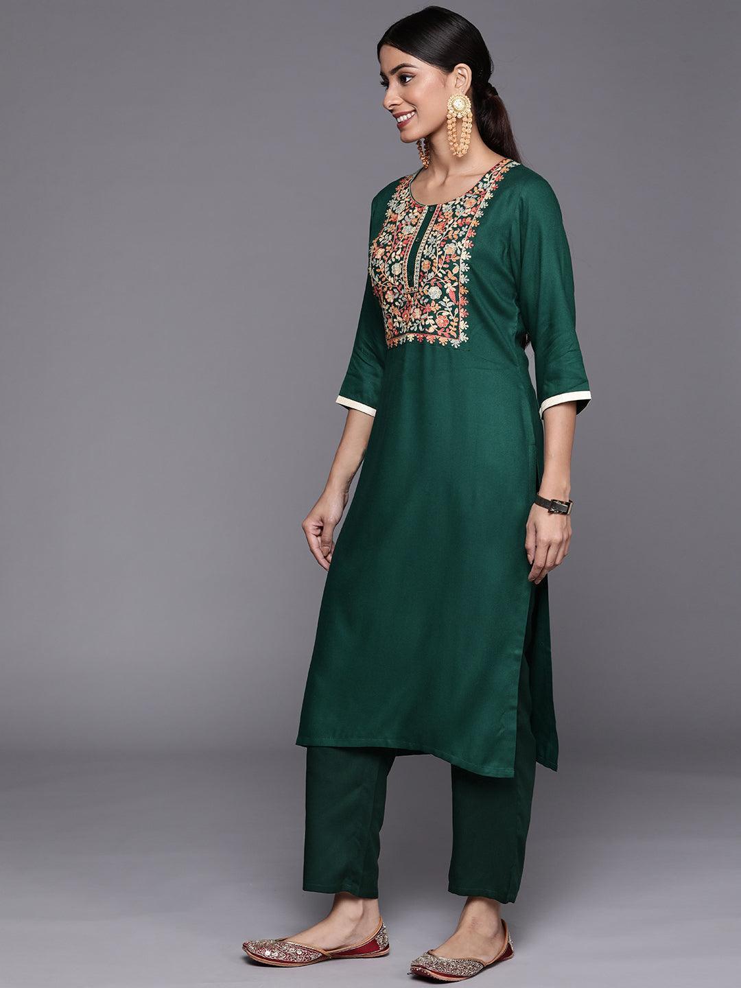 Green Yoke Design Wool Straight Kurta